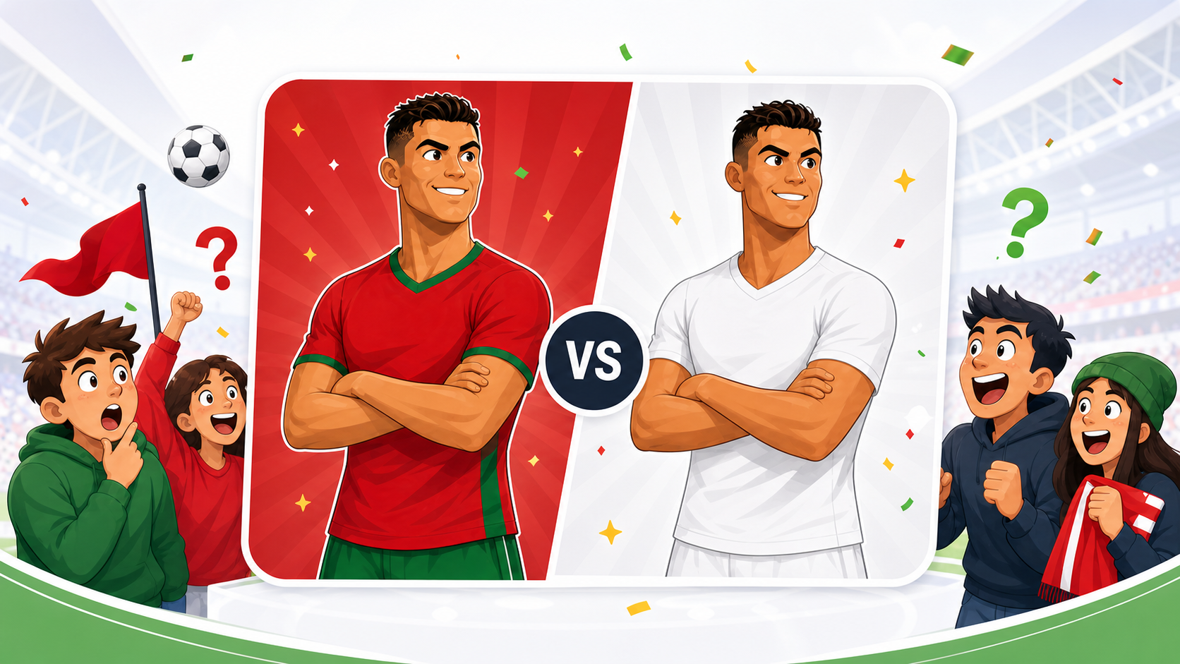 Cartoon footballer shown in a kit and then in a plain white kit